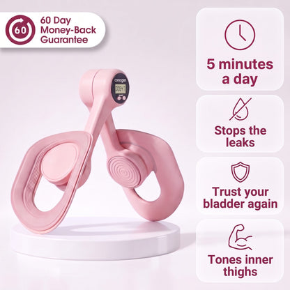 Coreogen pelvic and thigh trainer in blush pink with 60 day money back guarantee, 5 minutes a day, stops the leaks, trust your bladder again and tones inner thighs.
