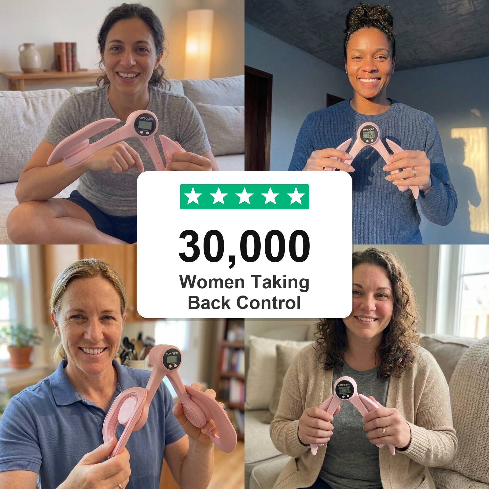 Four women holding the pink Coreogen Pelvic and Thigh Trainer with 30,000 Women Taking Back Control.