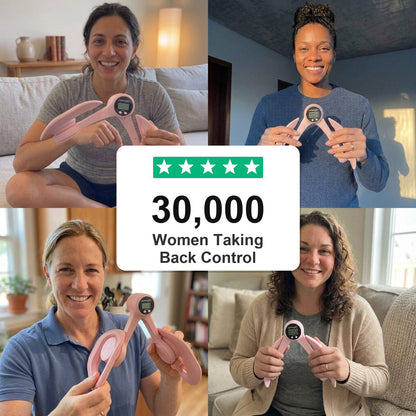 Four women holding the pink Coreogen Pelvic and Thigh Trainer with 30,000 Women Taking Back Control.