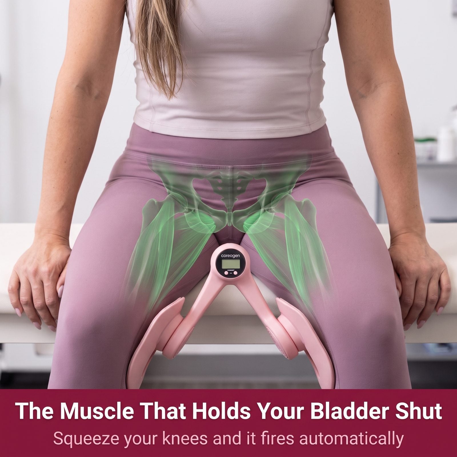 Anatomical view of the pelvic floor and inner thigh adductors firing as a woman squeezes the trainer between her knees.