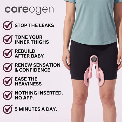 Benefit checklist: stop the leaks, tone your inner thighs, rebuild after baby, renew sensation and confidence, ease the heaviness, nothing inserted, five minutes a day.