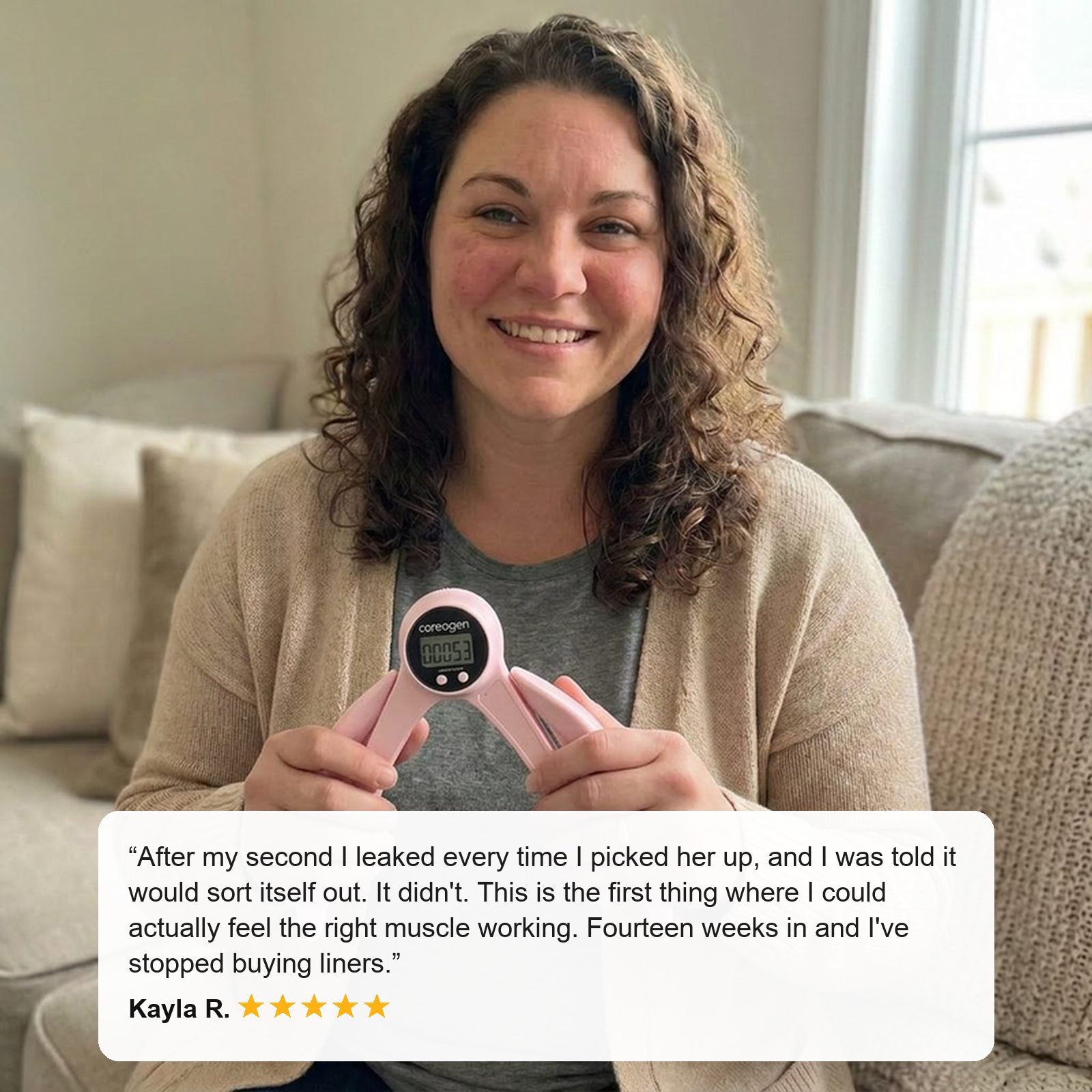 Five star customer review from Kayla R. about stopping liners fourteen weeks after starting the trainer.
