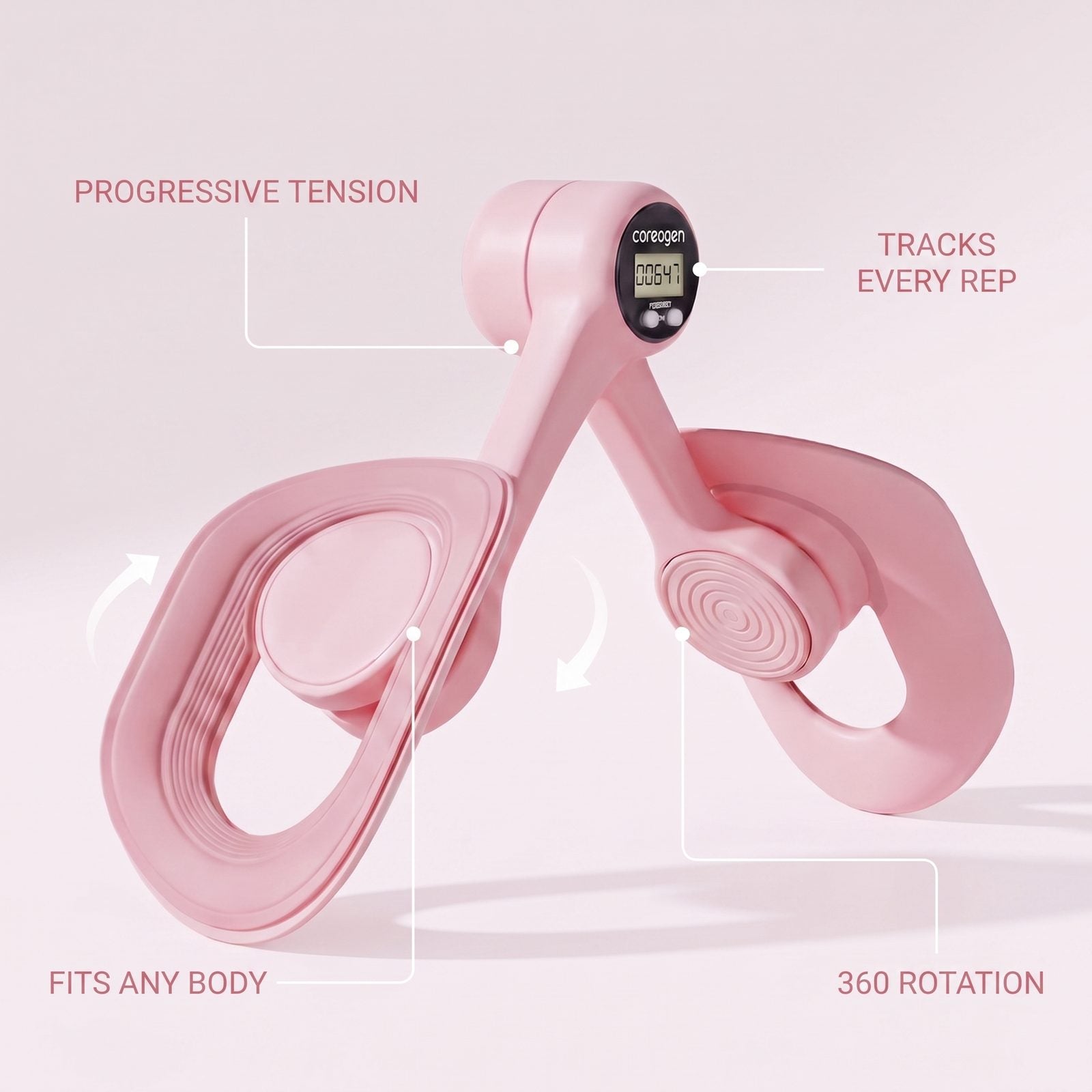 Feature callout: progressive tension, tracks every rep, fits any body and 360 rotation.