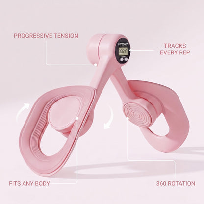 Feature callout: progressive tension, tracks every rep, fits any body and 360 rotation.