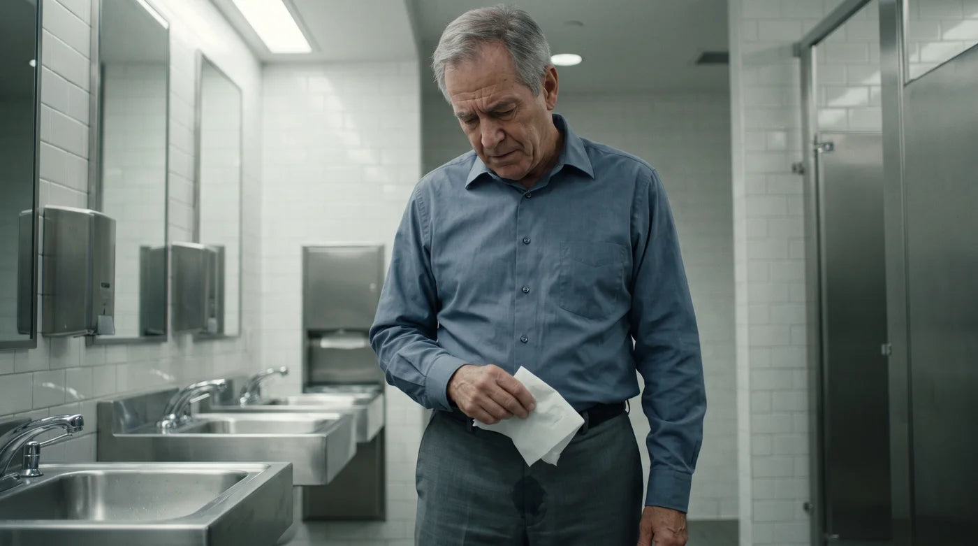 A mature man noticing post-urination dribbling in a public restroom