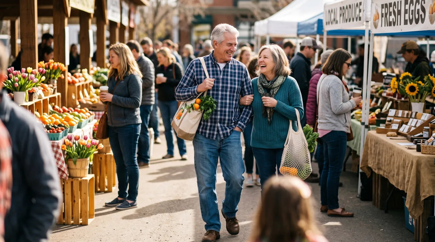 A mature couple confidently enjoying an outdoor market together