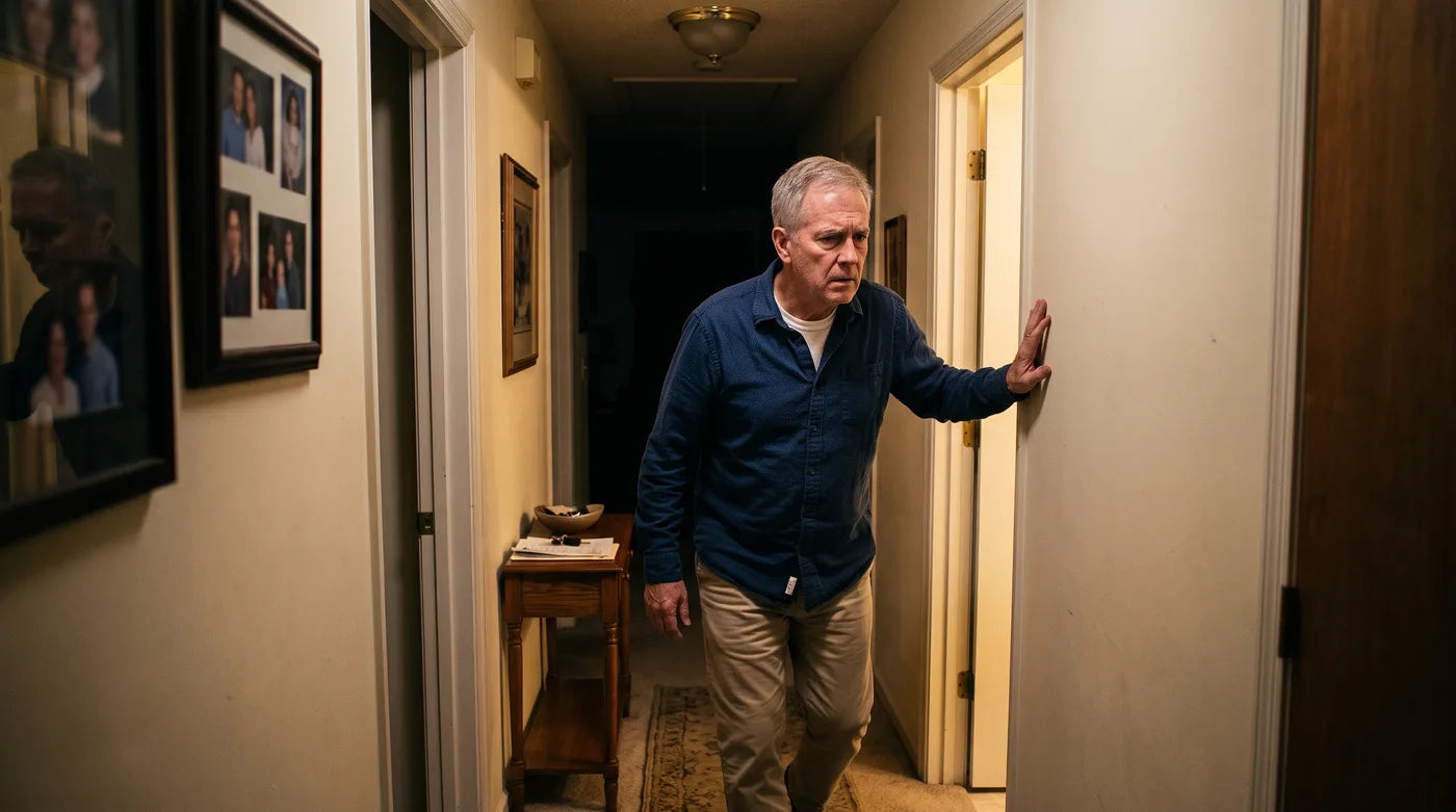 A mature man hurrying toward the bathroom during the night