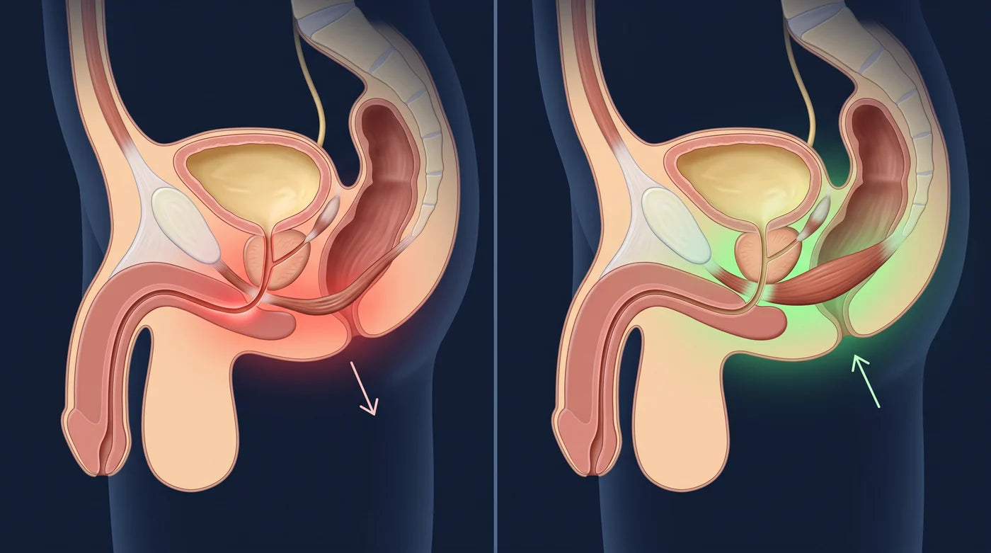 Side-by-side medical illustration of a weakened and supported male pelvic floor