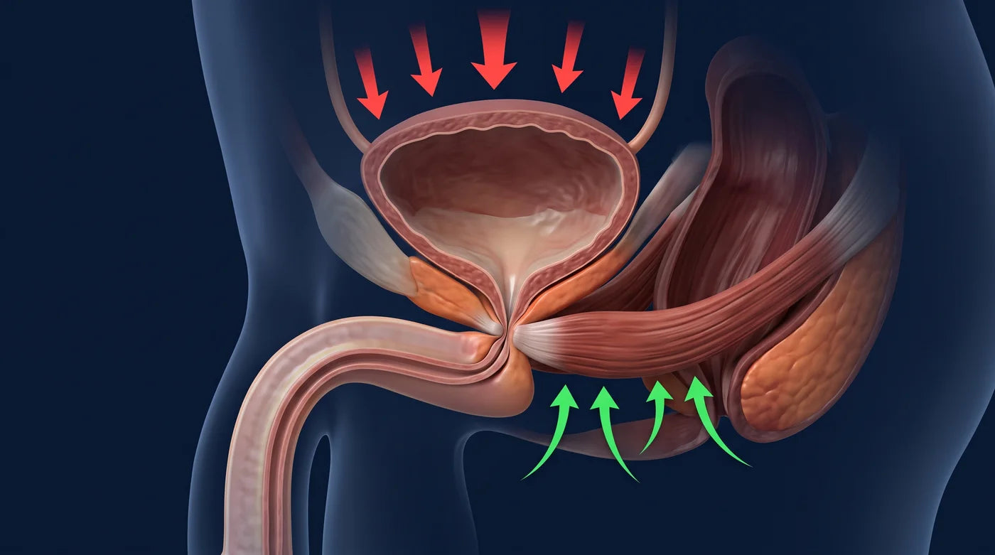 Medical illustration showing the pelvic floor supporting the bladder neck like a valve